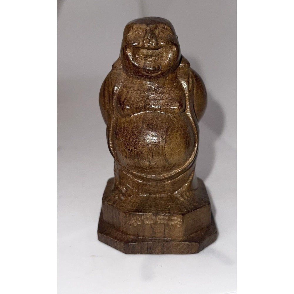 Vintage Chinese Laughing Buddha Wood Hand Carved Mini Desk Top Ho Tai Temple 3"